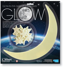 Load image into Gallery viewer, glow in the dark large moon and stars 4M beauty night sky childs bedroom decorate walls ceilings soft foam crescent moon assorted stars adhesive space enthusiasts anxious ages 3+ white stars star moon home glow decor decoration fun popular exciting
