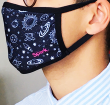 Load image into Gallery viewer, TELUS spark planet mask adult masks prevent the spread covid-19 coronavirus style durable stretchable 2 layers cotton fabric padded ear loops rocket planet stars apparel
