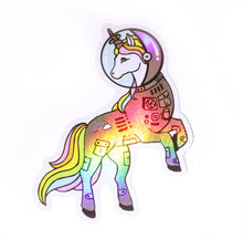 Load image into Gallery viewer, space unicorn sticker compoco holographic vinyl waterproof 4&quot; stationary space unicorns fantasy myth mystical horse astronaut cute happiness spark joy unique gift

