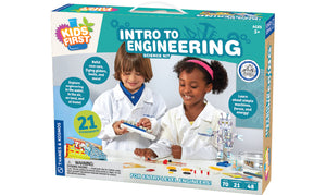 intro to engineering kit thames and kosmos award winner experiments building projects sections engaging hands-on activities scientific technical knowledge design machines devices learning basics levers forces pulleys simple devices basic components vehicles wheels race car wind-up care helicopter pinwheel parachute glider balloon rocket air power carousel diving bell sailboat paddle boat telephone television fundamentals ages 5+ science kit toys teacher science scientist engineering education learning 