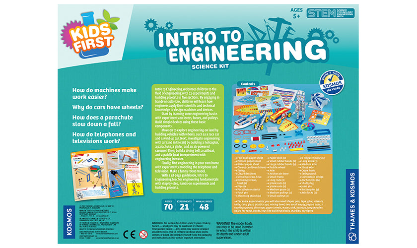 intro to engineering kit thames and kosmos award winner experiments building projects sections engaging hands-on activities scientific technical knowledge design machines devices learning basics levers forces pulleys simple devices basic components vehicles wheels race car wind-up care helicopter pinwheel parachute glider balloon rocket air power carousel diving bell sailboat paddle boat telephone television fundamentals ages 5+ science kit toys teacher science scientist engineering education learning