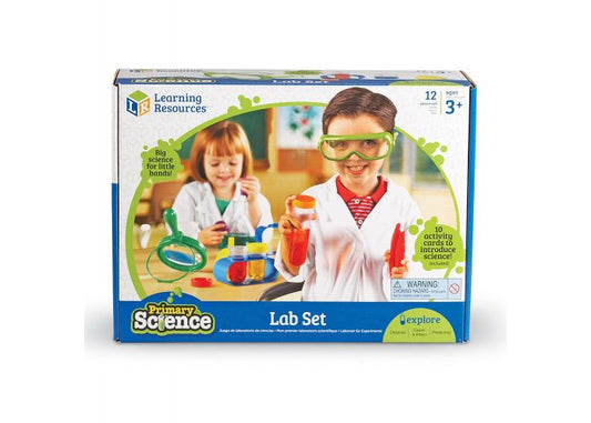 primary science lab set learning resources ages 3+ science tools investigations durable pieces measurement markings activity cards science process skills beaker magnifying glass funnel eyedropper flask tweezers goggles large 6" test tube small test tubes activity cards tactile visual math fine motor skills science kit learning education lab chemistry