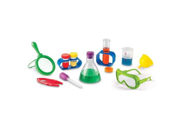 primary science lab set learning resources ages 3+ science tools investigations durable pieces measurement markings activity cards science process skills beaker magnifying glass funnel eyedropper flask tweezers goggles large 6" test tube small test tubes activity cards tactile visual math fine motor skills science kit learning education lab chemistry