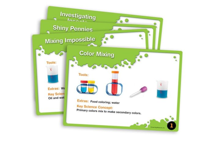 primary science lab set learning resources ages 3+ science tools investigations durable pieces measurement markings activity cards science process skills beaker magnifying glass funnel eyedropper flask tweezers goggles large 6" test tube small test tubes activity cards tactile visual math fine motor skills science kit learning education lab chemistry