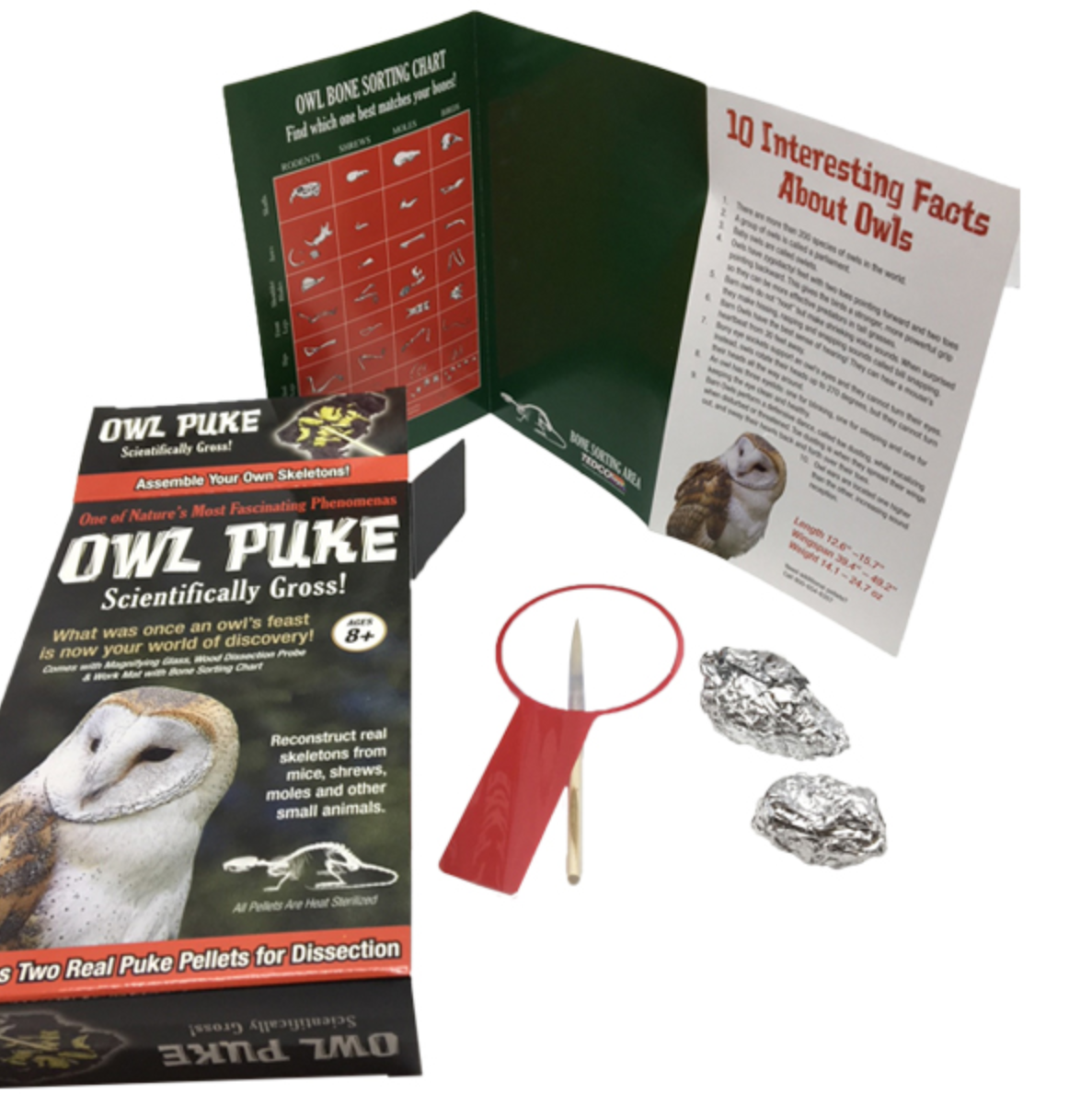 owl puke science kit tedco toys feast discovery sanitized pellet reconstruct skeletons surprise gross mice shrew moles small animals puke magnifying glass wood dissection stick work mat bone sorting chart ages 8+