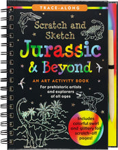 Load image into Gallery viewer, scratch and sketch jurassic &amp; beyond dinosaurs flying swimming prehistoric creatures wooden stylus black-coated papers patterns swirls holographic colors colorful coloring art artists hardcover illustrations educational ages 6+ non-toxic paleontologists 
