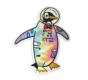 space penguin sticker compoco holographic vinyl waterproof 4" stationary space penguins bird birds astronaut cute happiness spark joy unique gift