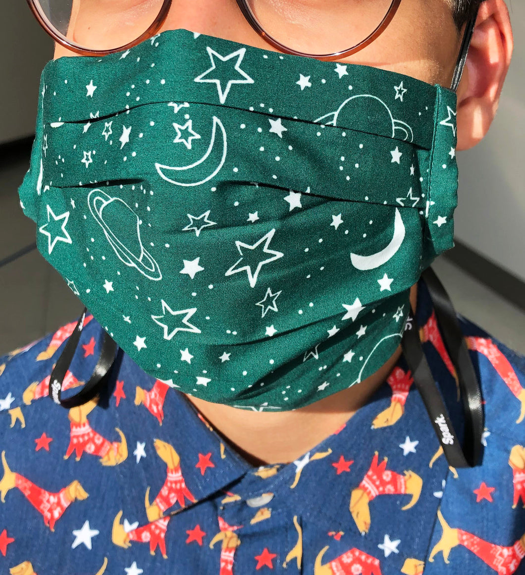 TELUS spark green galaxy mask adult masks prevent the spread covid-19 coronavirus cotton poplin mask two layers pocket fliter adjustable elastic bands nose wire neck ribbon accessory pleated