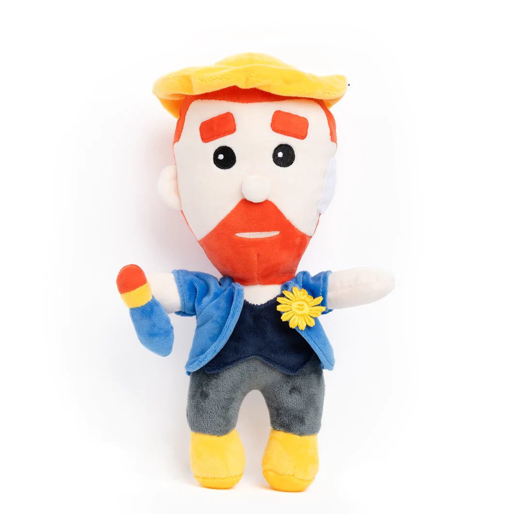This adorable Vincent van Gogh doll will be your new best friend!  This soft, playful doll features Van Gogh's famous straw hat, sunflower boutonniere and paintbrush.   Size Approximately 10 in / 25 cm high.  Material 100% polyester