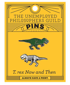 t-rex and t-rex fossil pins unemployed philosopher's guild dig fossils dinosaur dino skeleton tyrannosaurus rex rubbed pin backs style iconic green white pins 