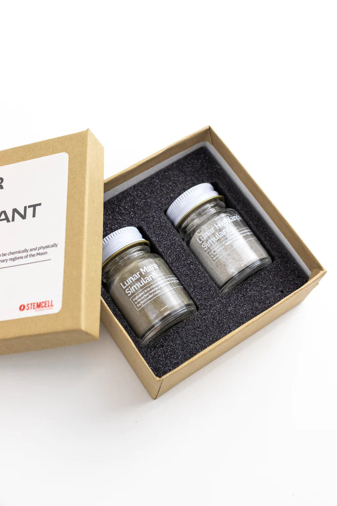 This box includes two samples of regolith engineered to be chemically and physically identical to the surface dust of the two primary regions of the Moon.