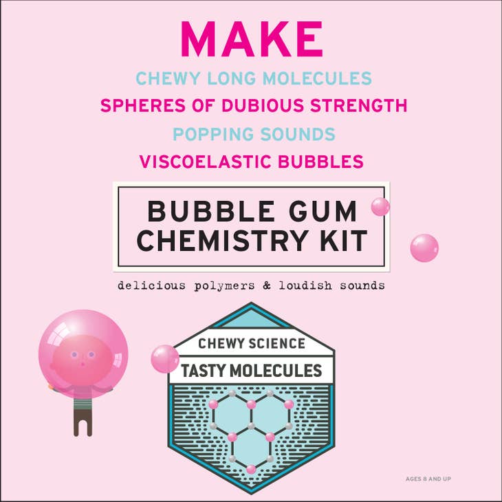 Viscoelastic Bubbles and Chewy Molecules! Two of our favorite things combined make this chemistry kit a tasty delight. This set contains all the needed information & ingredients to make your own gum bubble gum and explore the properties of polymers and viscoelastic behavior. Poppin' Polymers! This will be fun!