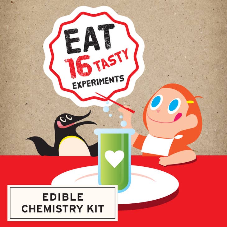 Chemistry experiments that you can eat and drink. A Copernicus Toys fan favorite! 16 experiments in one awesome box! Explore surprising ways chemical elements combine to change matter. Make cabbages do your bidding, fizzy drinks, color-changing foaming jelly, polymer pudding, and much more.