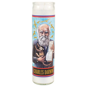 Show your devotion to Charles Darwin, the patron saint of slow, random, gradual, adaptive change (and finches), with this colorful votive! This candle will look great in your study, in your state room, or in the hot-house as you make notes on the orchids and carnivorous plants.