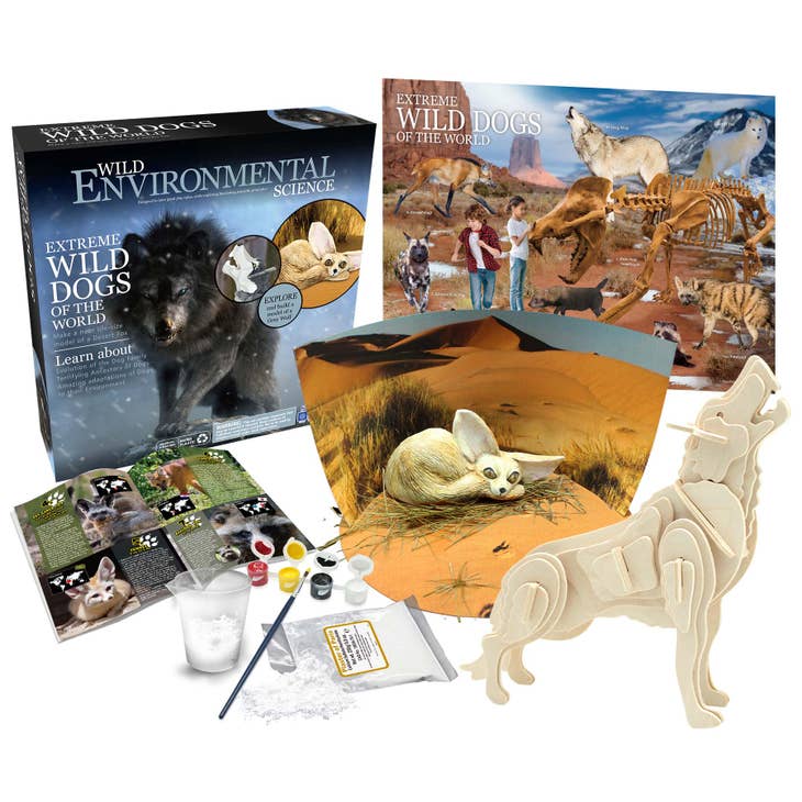 Extreme Wild Dogs of the World is a hands-on, collectible animal kit, which combines science and crafts. Children will build and customize a life-size Desert Fox and hatching egg. Children will also assemble a detailed 3D wooden model of a Grey Wolf.