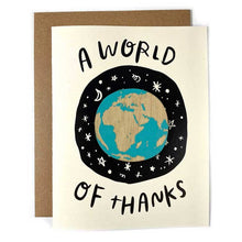 Load image into Gallery viewer, A thank-you card that is also a gift! A laser-engraved Earth magnet is affixed to the front of a greeting card and is meant to be removed and kept forever. The paper, envelope (and cellophane packaging) should all be recycled, because the world for sure doesn&#39;t need more trash. Magnet is made from handpainted 1/8&quot; baltic birch plywood. Super strong rare earth magnet. A2 digitally printed greeting card (4.25&quot; x 5.5&quot;). Magnet measures approximately 2&quot; x 2&quot;. 
