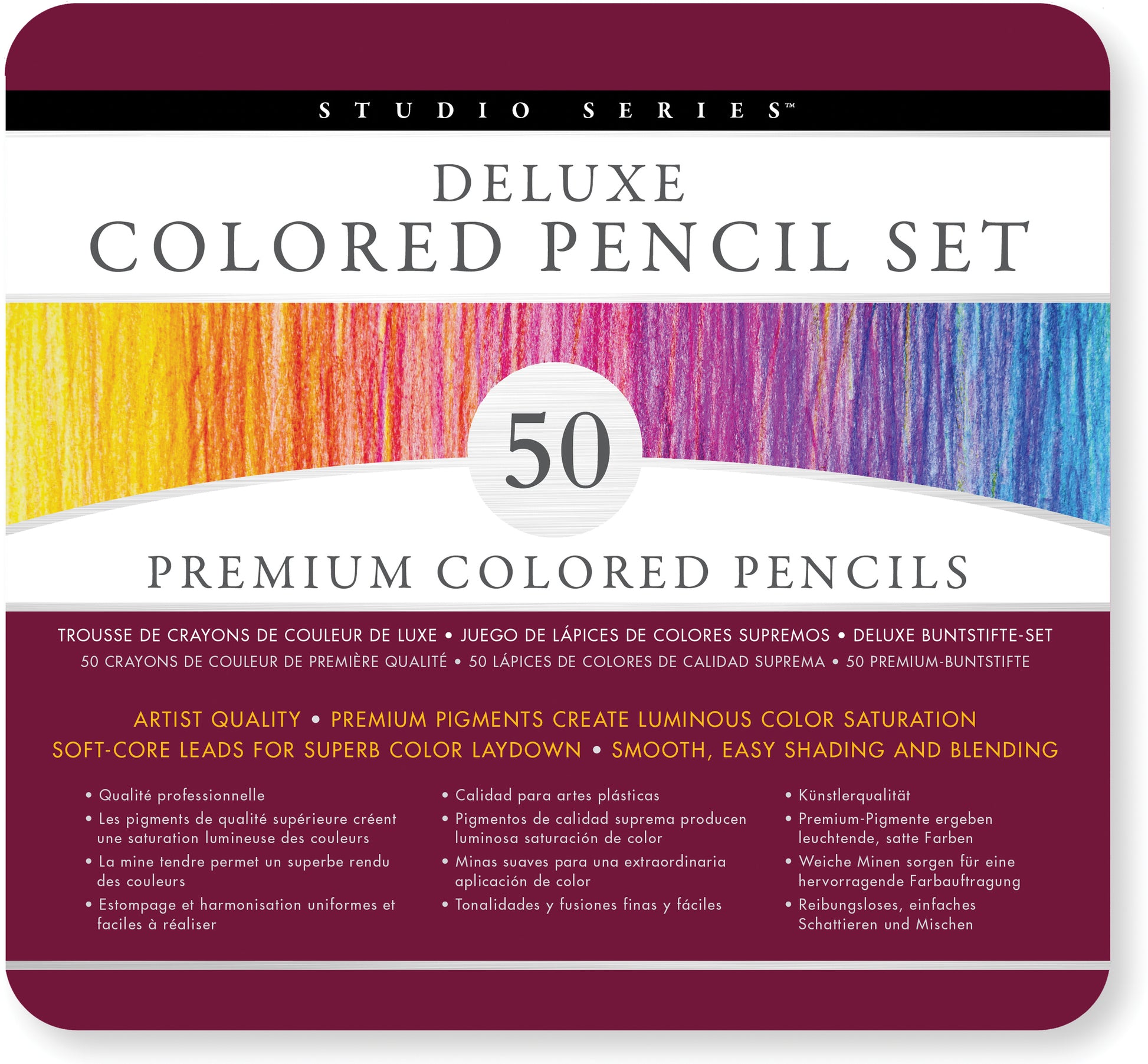 studio series deluxe colored pencil set of 50 peter pauper press creativity vibrant colored pencils premium hues pigments luminous color saturation soft leads smooth blending shading colorists dabblers artists art tin stationary pencil drawing 