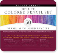 Load image into Gallery viewer, studio series deluxe colored pencil set of 50 peter pauper press creativity vibrant colored pencils premium hues pigments luminous color saturation soft leads smooth blending shading colorists dabblers artists art tin stationary pencil drawing 

