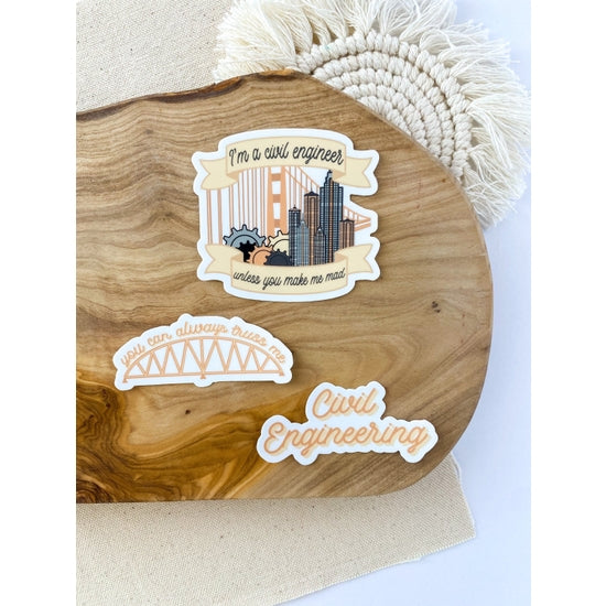 This sticker pack includes the civil engineering sticker, the truss me sticker, and the I’m a civil engineer sticker. These stickers are perfect for anyone who loves civil engineering! They can be easily placed on laptops, iPads, journals, water bottles, and many other surfaces.