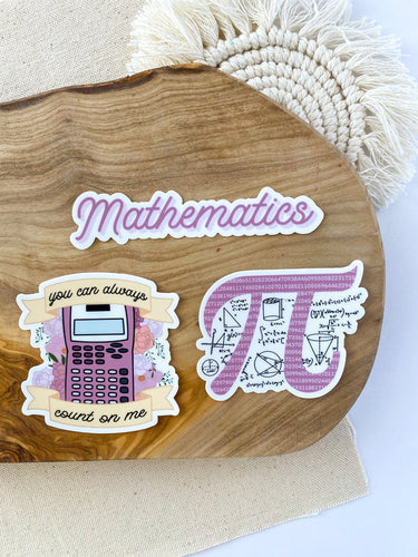 This sticker pack includes the mathematics sticker, the count on me sticker, and the pi sticker. These stickers are perfect for anyone who loves math and science! They can be easily placed on laptops, iPads, journals, water bottles, and many other surfaces.