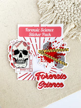 Load image into Gallery viewer, This forensic science sticker pack includes the forensic science sticker, the crime scene board sticker, and the skull sticker. These stickers are perfect for anyone who loves computer science and coding! They can be easily placed on laptops, iPads, journals, water bottles, and many other surfaces.
