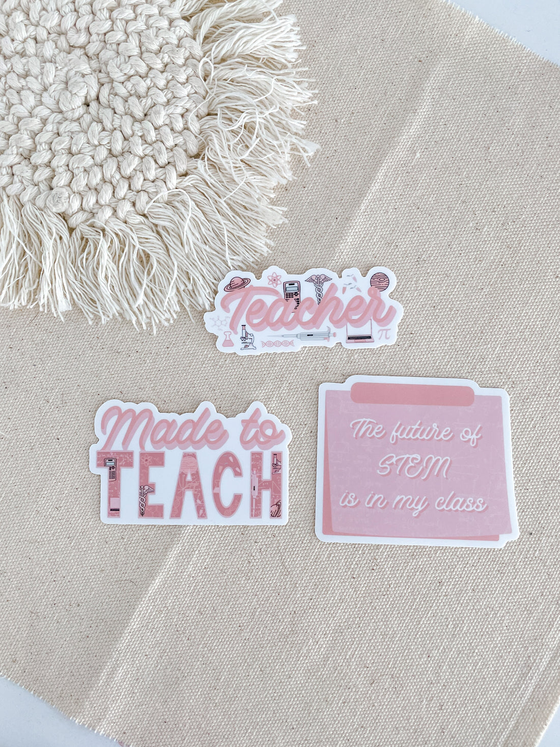 This sticker pack includes the STEM Teacher sticker, the 'future of STEM' sticker, and the 'made to teach' sticker. These stickers are perfect for anyone who loves engineering and science! They can be easily placed on laptops, iPads, journals, water bottles, and many other surfaces.