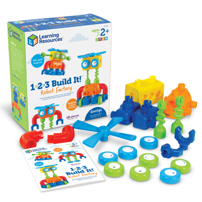 What kind of robots can you dream up? Kids build their own twisting, turning STEM creations with the mix-and-match pieces of the 1-2-3 Build It! Robot Factory from Learning Resources. Sized just right for little hands, this build-it-yourself toy’s chunky plastic pieces are ready to help kids design, build, and tinker with their own robot squad during open-ended play sessions. 