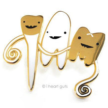 Load image into Gallery viewer, teeth lapel pin i heart guts tooth enamel faux gold pins incisor cuspid molar dental floss dentist flossing brush brushing pearly white dentist zinc alloy decorative card 
