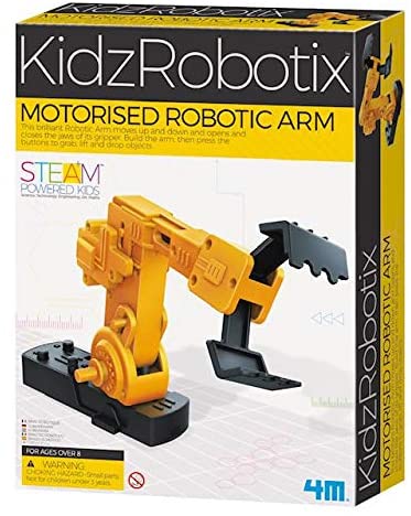 kidzrobotix motorised robotic arm 4m move up down grip claw jaws build buttons lift drop parts steam ages 8+ robotics engineer engineering robots building 