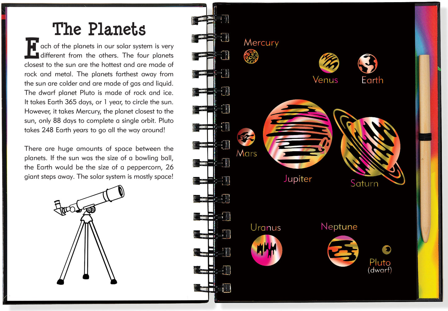 scratch and sketch solar system space outer space planets comets spacecraft glittery swirly glow-in-the-dark colors colorful coloring art artists drawing create creativity creative wooden stylus black-coated paper ages 6+ non-toxic